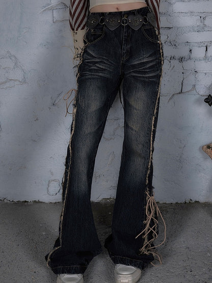 Fishtail Punk Schnürdetail Wasteland Dark Jeans Saum Raw Blue