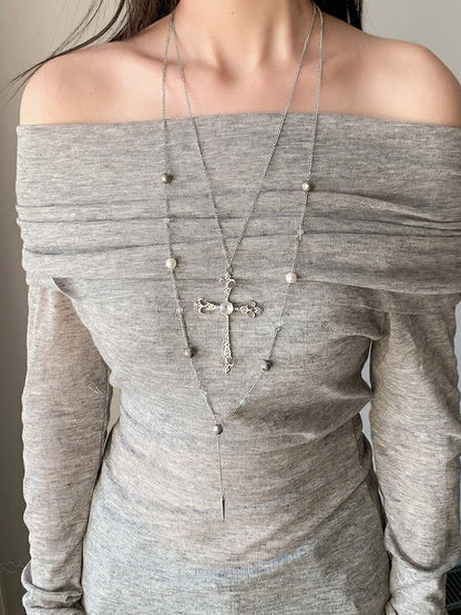 Silver Cross Beaded Layered Necklace - YSHXS