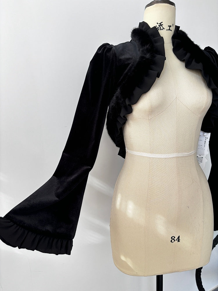 Black Gothic Lolita Plush Trimming Velvet Long Sleeves Bolero Top