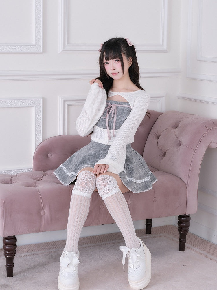 White Ryousangata Knit Cardigan - Dress + Fashion Matching Shorts Gray Plaid Set Three-Piece