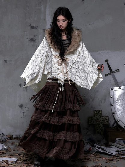 with Punk Y2K Hem Cape Collar Fur Shawl Handkerchief Knit Faux Beige Vintage