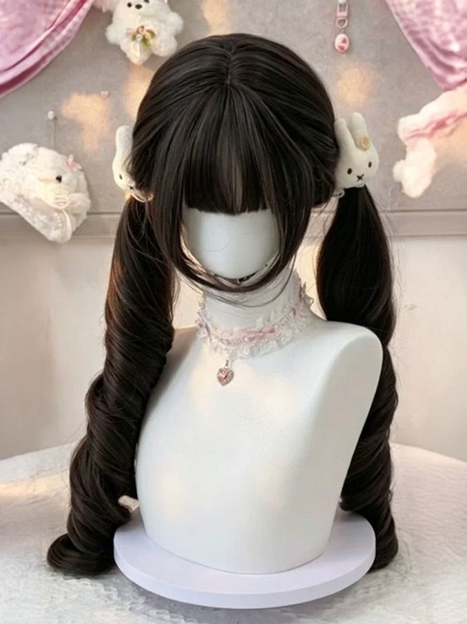 Black Tea 72cm Curly Twin Tails Wig Full Bangs
