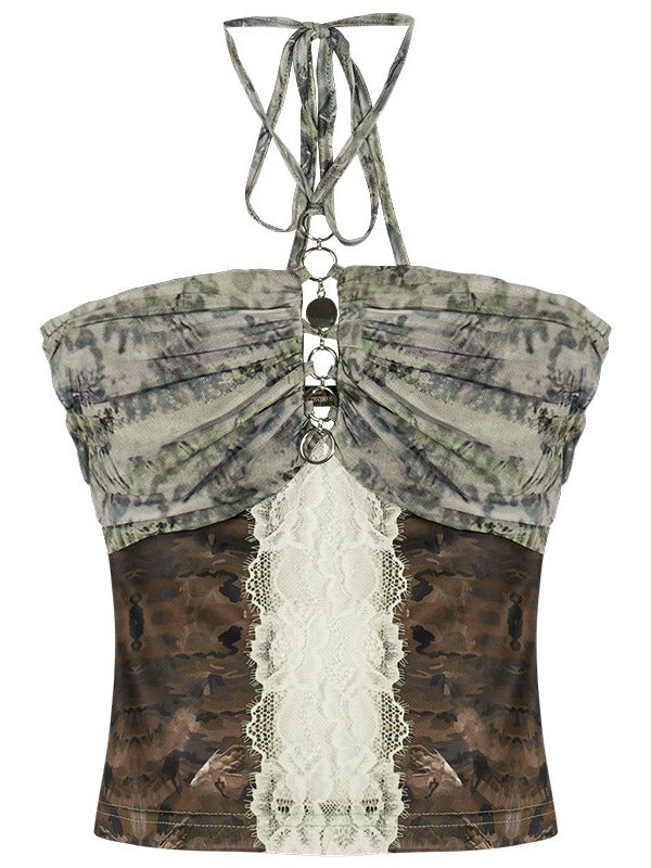 Brown & Green Desert Style Halter Neck Sleeveless Blouse with Lace Pattern