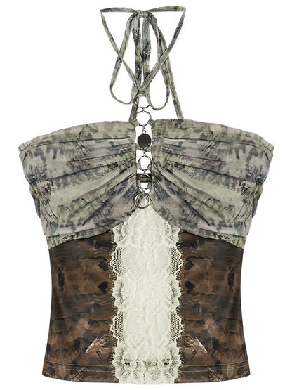 Brown & Green Desert Style Halter Neck Sleeveless Blouse with Lace Pattern