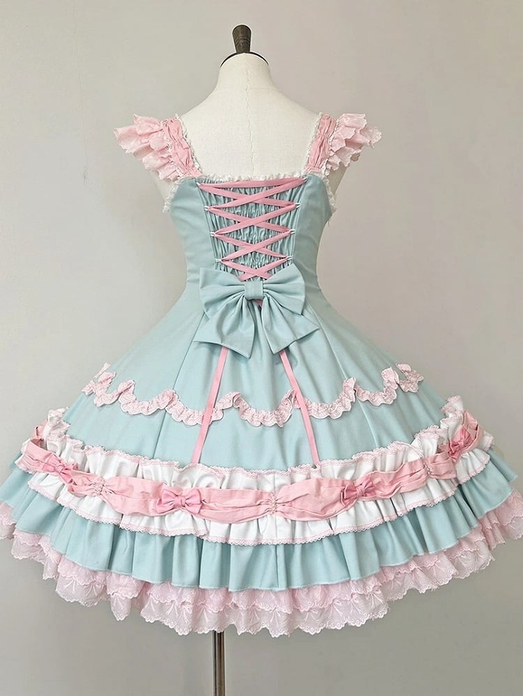 and Hemline Old Pink Decorated Sweet Layered Green Ruffle Bows