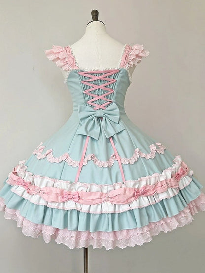 and Hemline Old Pink Decorated Sweet Layered Green Ruffle Bows
