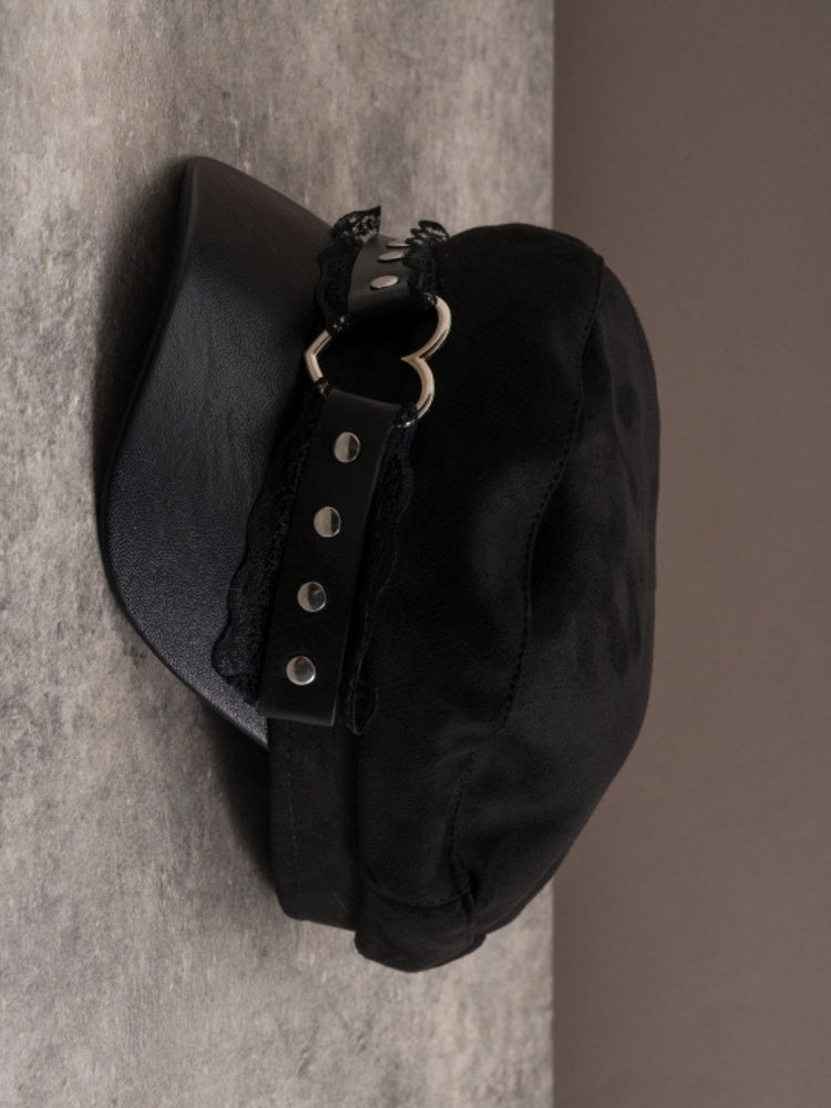 Heart Hat Gothic Lace Trim Details Black Beret Studs Ring