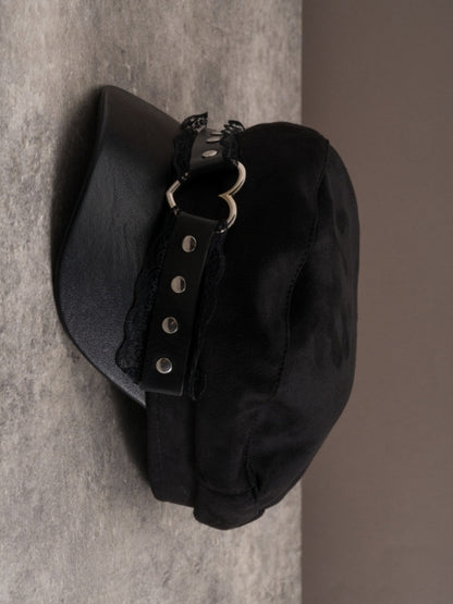 Heart Hat Gothic Lace Trim Details Black Beret Studs Ring