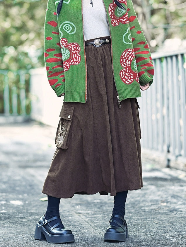 Chinese Pockets Cargo Skirt - Leaf Brown Motif with Embroidery Style