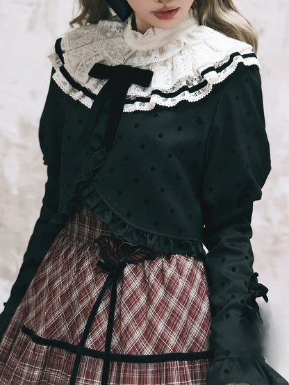 and Coat Ruffled Lolita Polka-dot Black Detail Lace Neckline Bow with White