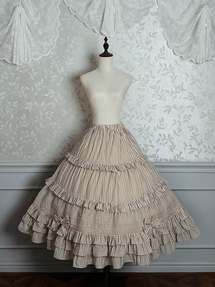 Brown Lolita Bow Layered Elegant Classic Ruffle with Embellishments Skirt Striped