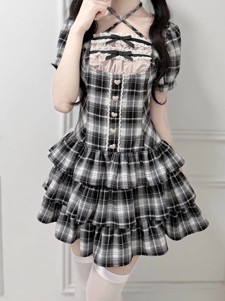 Jirai-Kei Black & White Plaid Square Neck Halter Dress with 3-Tier Ruffle Skirt - nekura