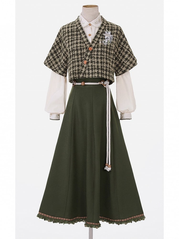 Floral Embroidered Plaid Top in Dark Green with White Blouse and Skirt Ensemble - Han Ru Chu Hanfu & Han-Element Studi