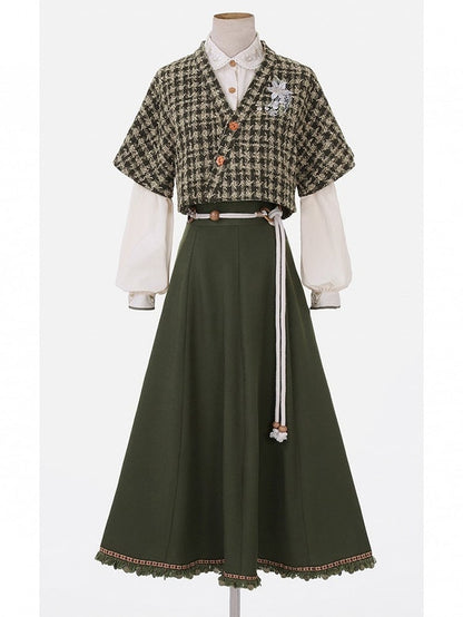 Floral Embroidered Plaid Top in Dark Green with White Blouse and Skirt Ensemble - Han Ru Chu Hanfu & Han-Element Studi