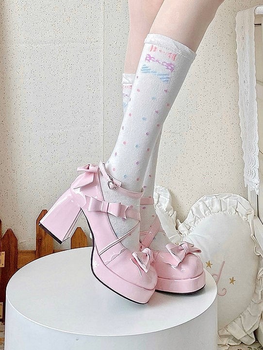 Pink Sweet Lolita 8 cm High Block Heel Mary Janes with Bow Accents & Heart Snap