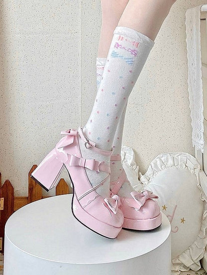 Pink Sweet Lolita 8 cm High Block Heel Mary Janes with Bow Accents & Heart Snap