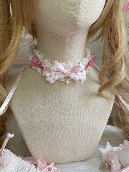 Pattern Choker Pink Bow Sweet Polka-dot Lace Lolita