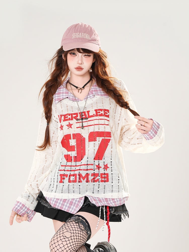 Faux Gray/White Holes Two-pieces Distressed Coverup Plaid Hem