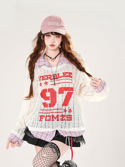 Faux Gray/White Holes Two-pieces Distressed Coverup Plaid Hem