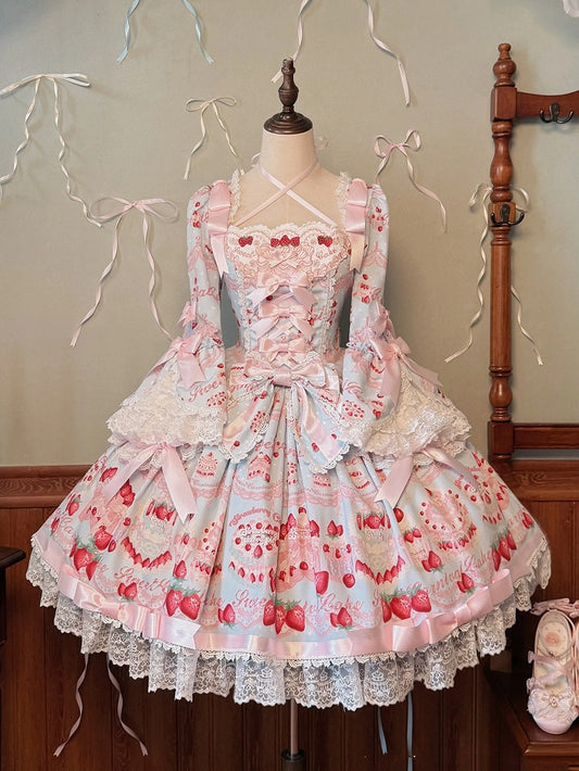 Strawberry Cake Print Blue Sweet Lolita Dress Long Bell Sleeves - Twin Bear Original Design