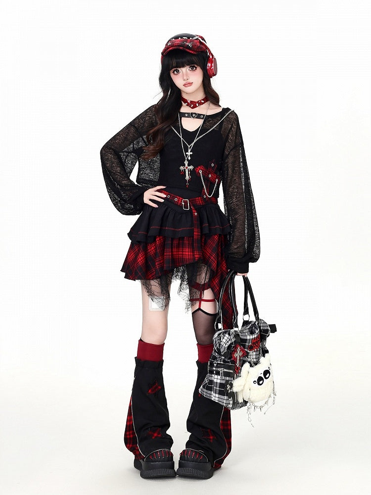 Red Black Plaid Asymmetric Camisole Dress - CRAZY GIRL