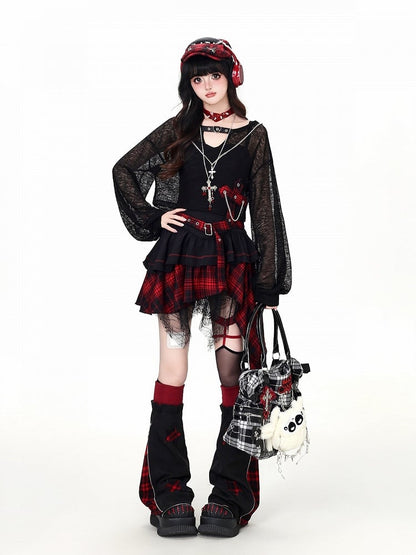Asymmetrical Hem Camisole Dress in Red Black Plaid - CRAZY GIRL