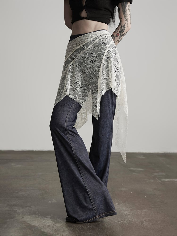 Goth Skirted Urban Denim-Like Pants Cincher Asymmetrical White Blue Lace Flared with Waist Dark