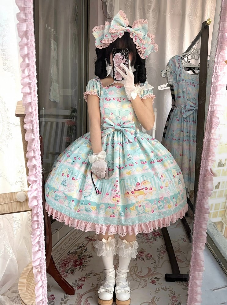 Eiskleid Creme Kirsche Druck und Lolita Sommer Grün Süß