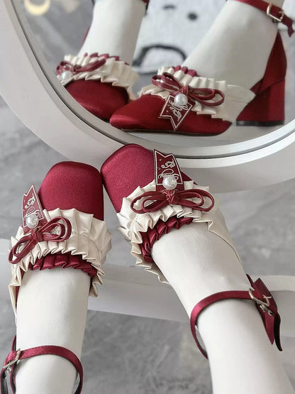 Mid-heel Classic with Bow Ruffles Red - Square Accents Lolita Shoes Layered Toe Removable Design