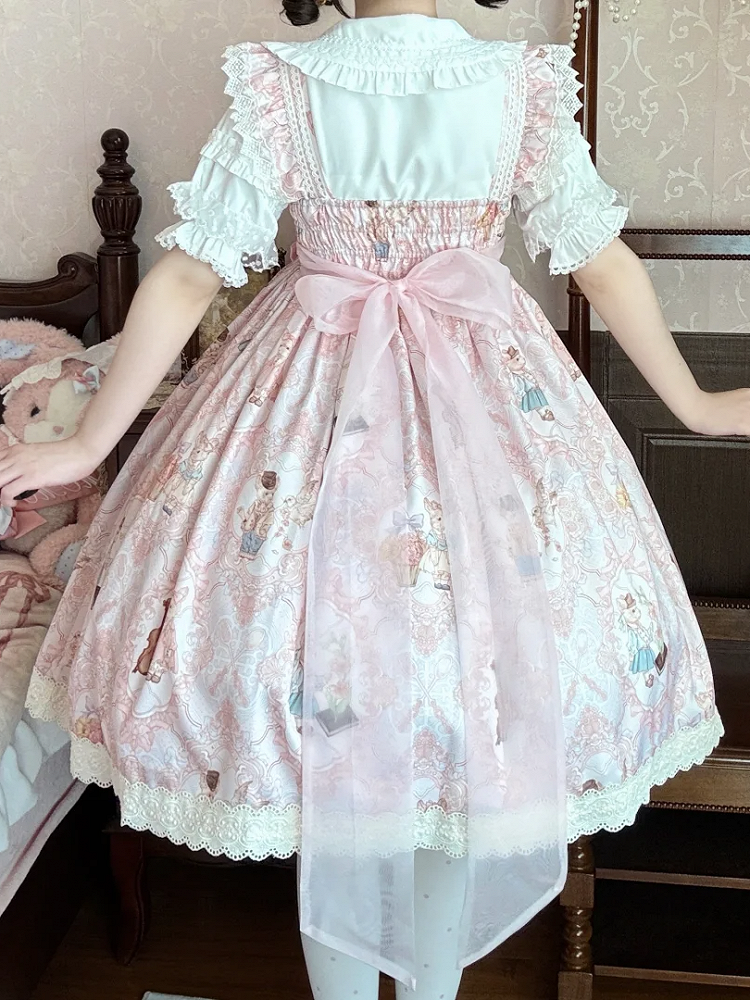 and Print JSK Dress Bunny Pink High Lolita Waist Sweet Violin