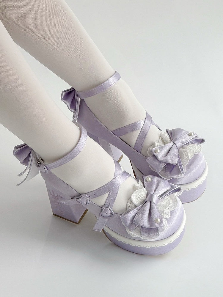 Platform Lace Straps Block Fork Buckle Heels Purple Bowknot Lolita Embroidery High