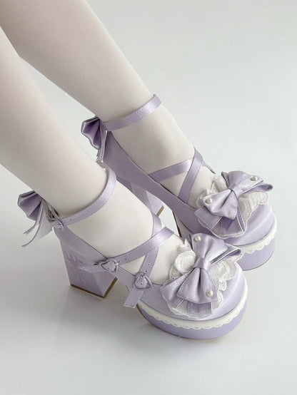 Platform Lace Straps Block Fork Buckle Heels Purple Bowknot Lolita Embroidery High