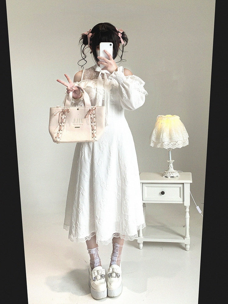 Cutout with Bow Lace Ruffled Shoulder Dress Rose Jirai and Jacquard White Long-Sleeve Kei