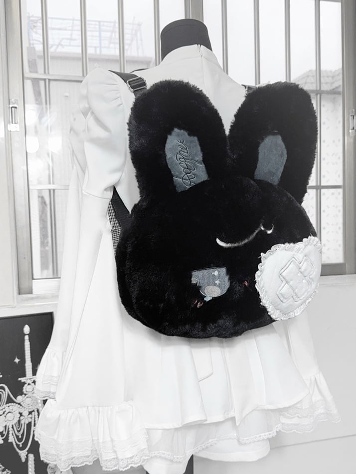 Eye Black White with Design Bendable Heart Patch Kawaii Ears / Bunny Plush Backpack