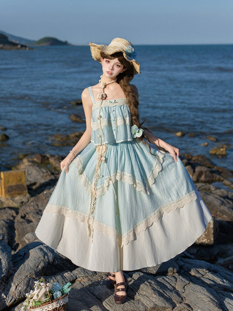 Blue Square Neck Lace Sleeveless Top with Adjustable Straps - With PUJI