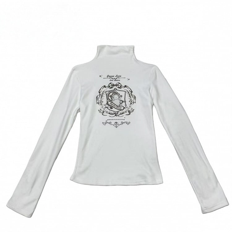 Y2K Neck Sleeve Velvet Pattern Mock Bear With Long T-Shirt White