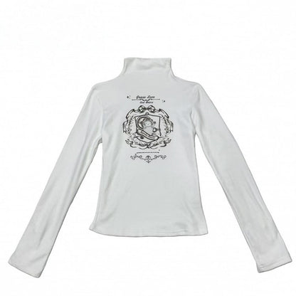 Y2K Neck Sleeve Velvet Pattern Mock Bear With Long T-Shirt White
