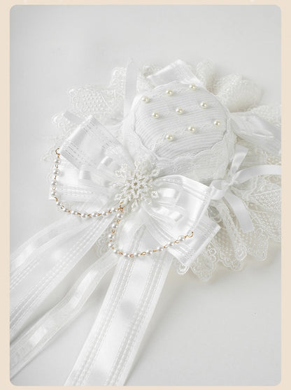 シロロリータ ホワイト ビッグリボン レーストリム スノーフレーク ミニハット ビーズチェーン付き