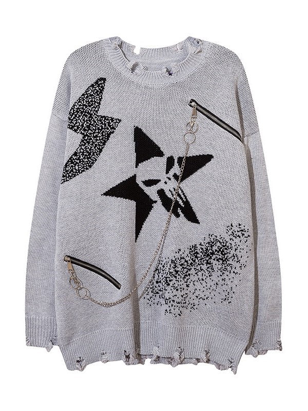 and Black/Gray Distressed Knit Sweater with Zipper Chain Detail