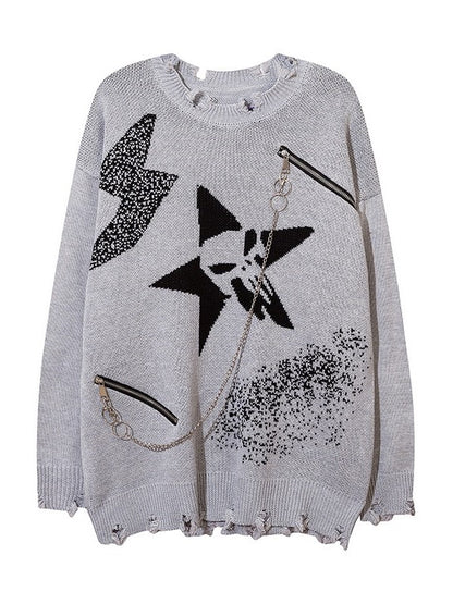 and Black/Gray Distressed Knit Sweater with Zipper Chain Detail