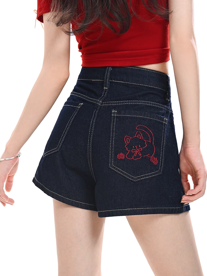 Blue Wide-leg Denim Shorts Kitty Embroidery Back
