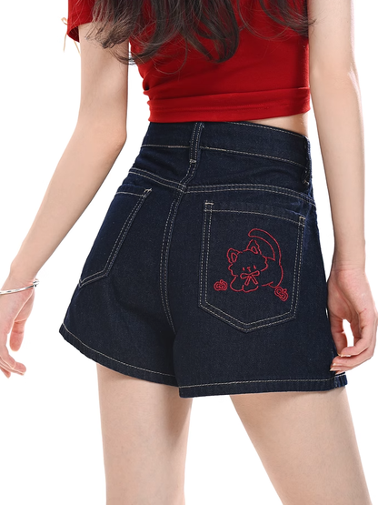 Blue Wide-leg Denim Shorts Kitty Embroidery Back