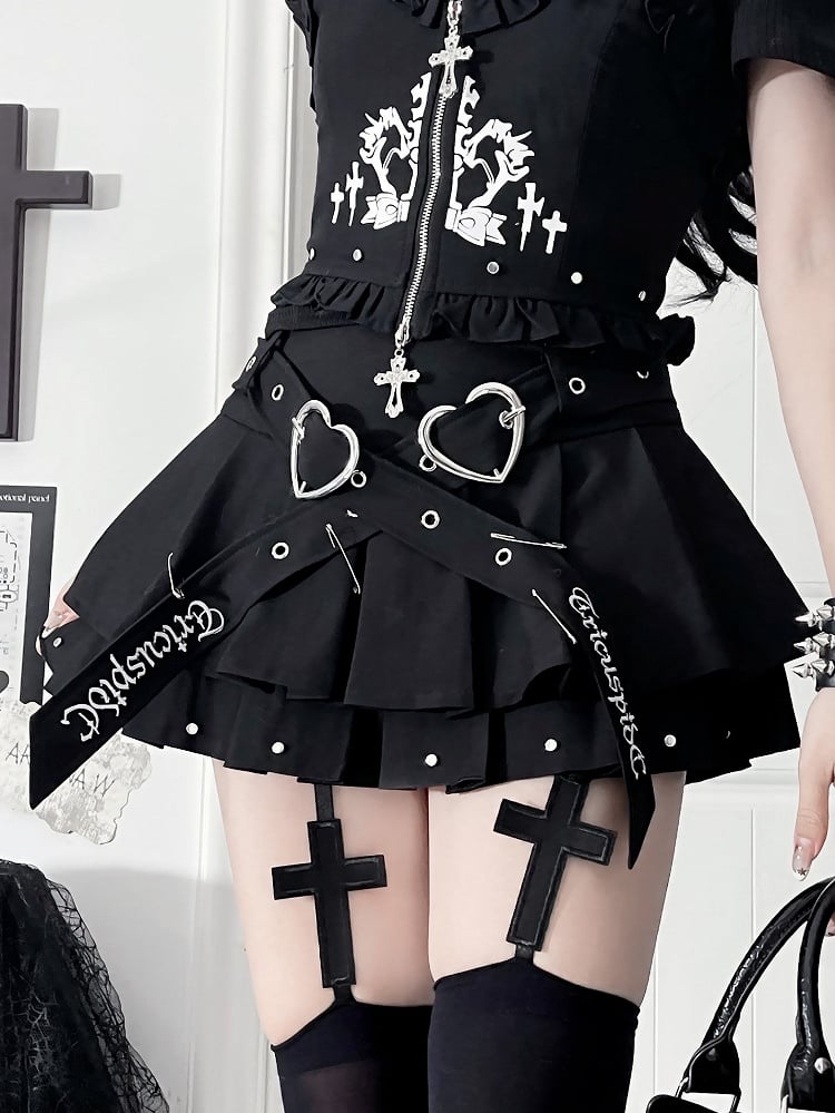 Black Gothic Tiered Ruffle Skirt with Crossed Heart Buckle Belt