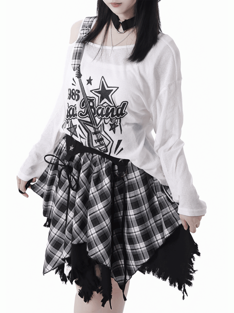 Blue/Black Free with Choker Guitar Print Asymmetrical Neckline Coverup