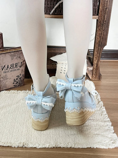 Blue White Rabbit Bowknot Heart Lace Lolita Shoes - Cheese Mango