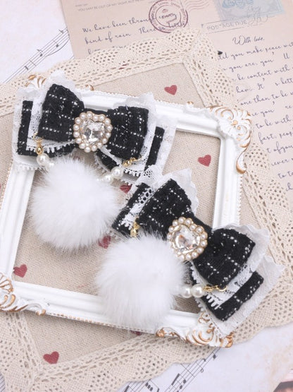 Rhinestone Color Hairclip Bowknot 7 Pearl With Kei Pom-Pom Jirai Heart Options Chain