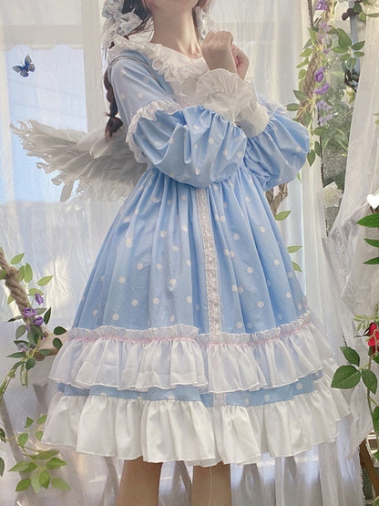 Lolita Long Sleeve Ruffle OP Blue Fresh Dot Dress Details with Polka