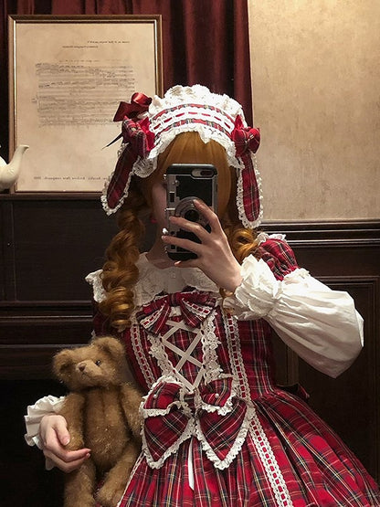 Lolita Bow with Hairband Accents Bunny Ears Lace Plaid and Red/Green