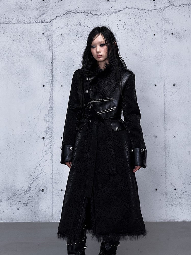 Coat 2-Way Pockets Belt Wasteland Functional Waist with Tie Black Punk