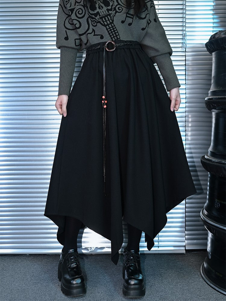 Black Fall/Winter for Skirt Waist with Asymmetrical Woven Handkerchief Cord Elastic Hem